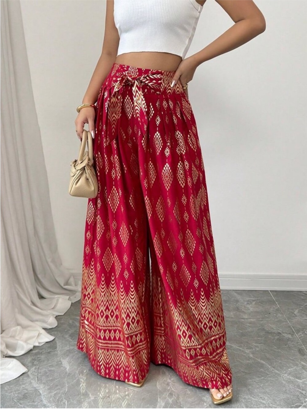 Red Boho Women's Wide Leg Casual Long Pants - Picture 2 of 2
